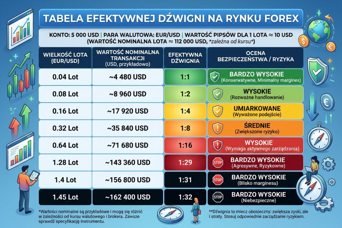 Tabela efektywnej dźwigni — konto 5 000 USD, różne wielkości lota EUR/USD, efektywna dźwignia od 1:1 do 32:1 z oceną bezpieczeństwa