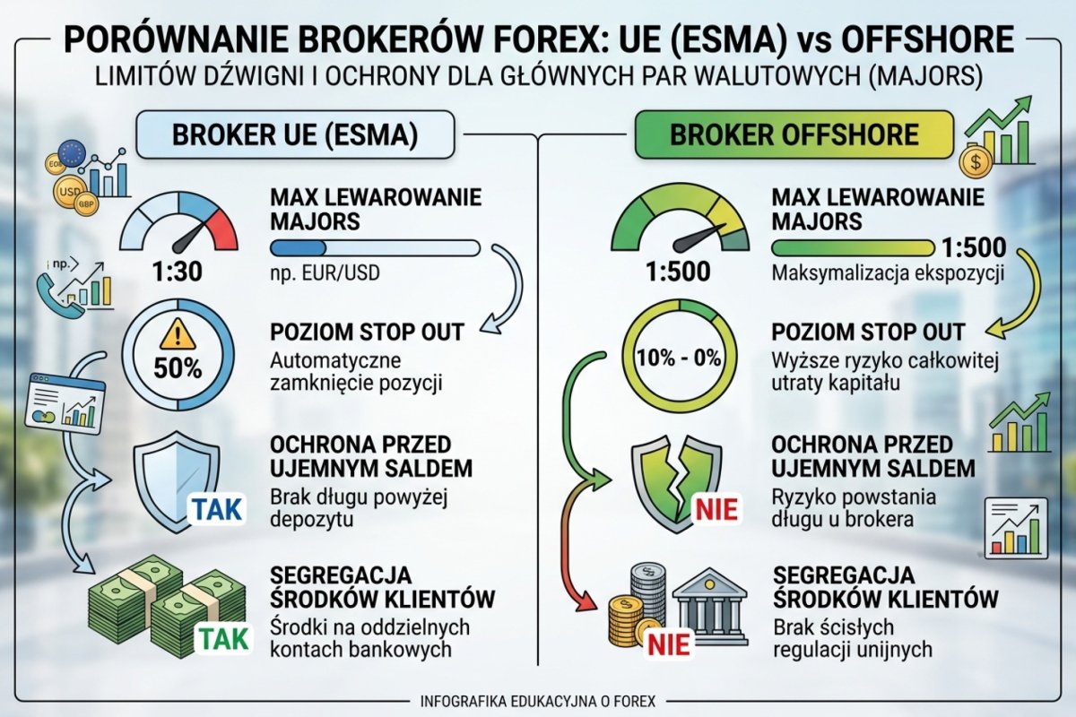 Porównanie limitów dźwigni UE (ESMA) vs broker offshore — majors 1:30 vs 1:500, stop out 50% vs 10-0%, ochrona przed ujemnym saldem tak vs nie, segregacja środków tak vs nie
