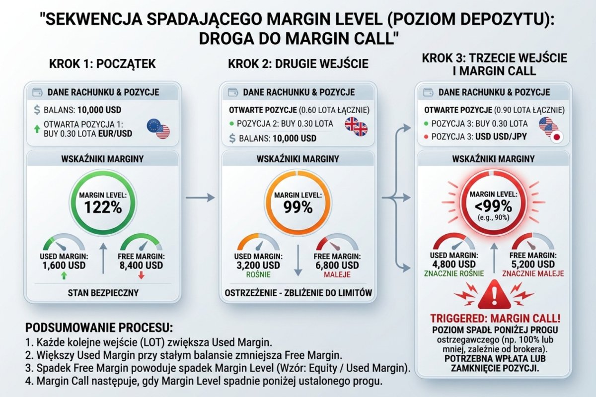 Sekwencja spadającego Margin Level na platformie — trzy wejścia po 0,30 lota, Used Margin rośnie, Free Margin maleje, Margin Level spada z 122% do 99% i poniżej progu Margin Call
