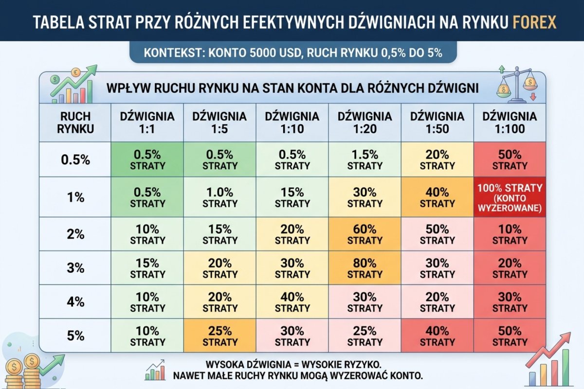 Tabela strat przy różnych efektywnych dźwigniach — konto 5000 USD, ruch rynku 0,5% do 5%. Przy 1:100 wyzerowanie już przy ruchu 1%, przy 1:5 strata 25% przy ruchu 5%