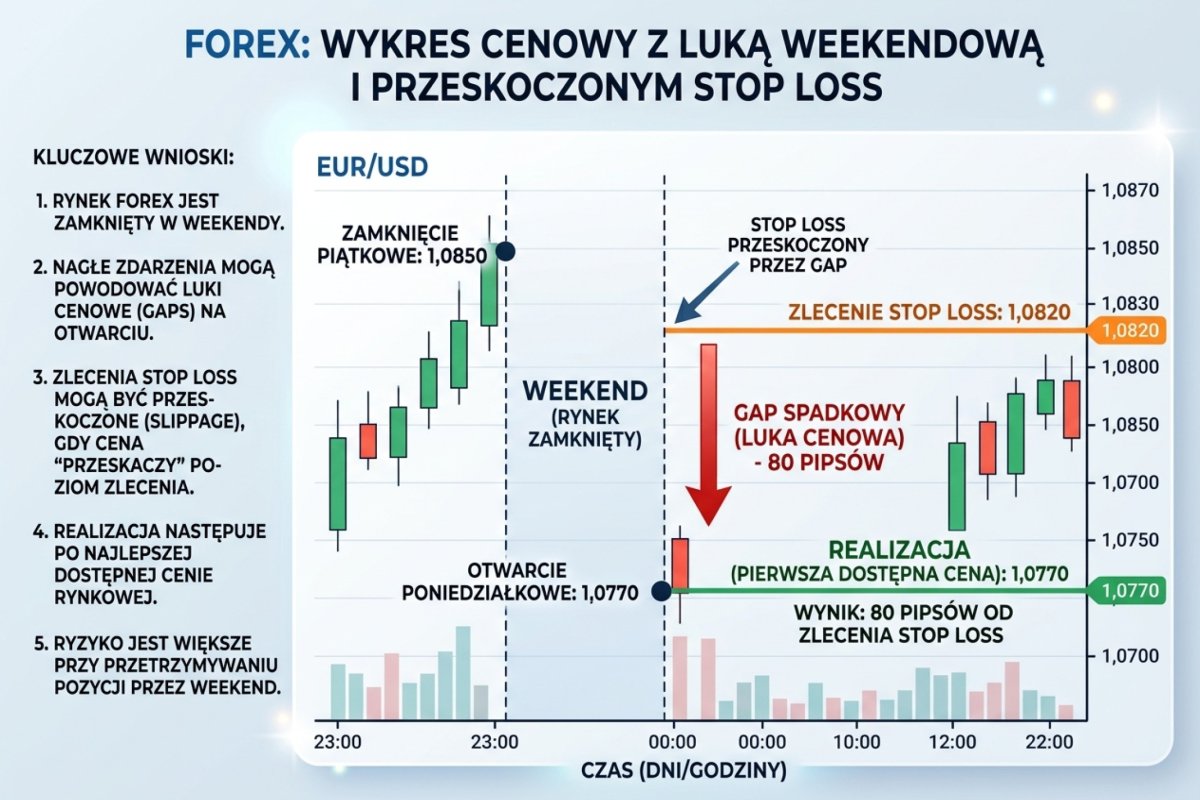 Wykres cenowy z luką weekendową — piątkowe zamknięcie na 1,0850, poniedziałkowe otwarcie na 1,0770, stop loss na 1,0820 przeskoczony przez gap, realizacja po pierwszej dostępnej cenie 80 pipsów od zlecenia