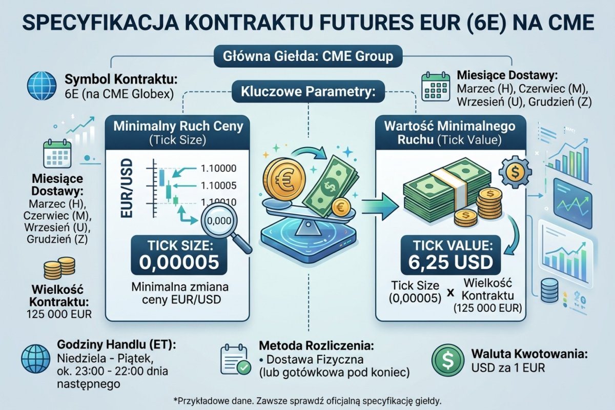 Specyfikacja kontraktu futures EUR (6E) na CME — tick size 0,00005 i tick value 6,25 USD
