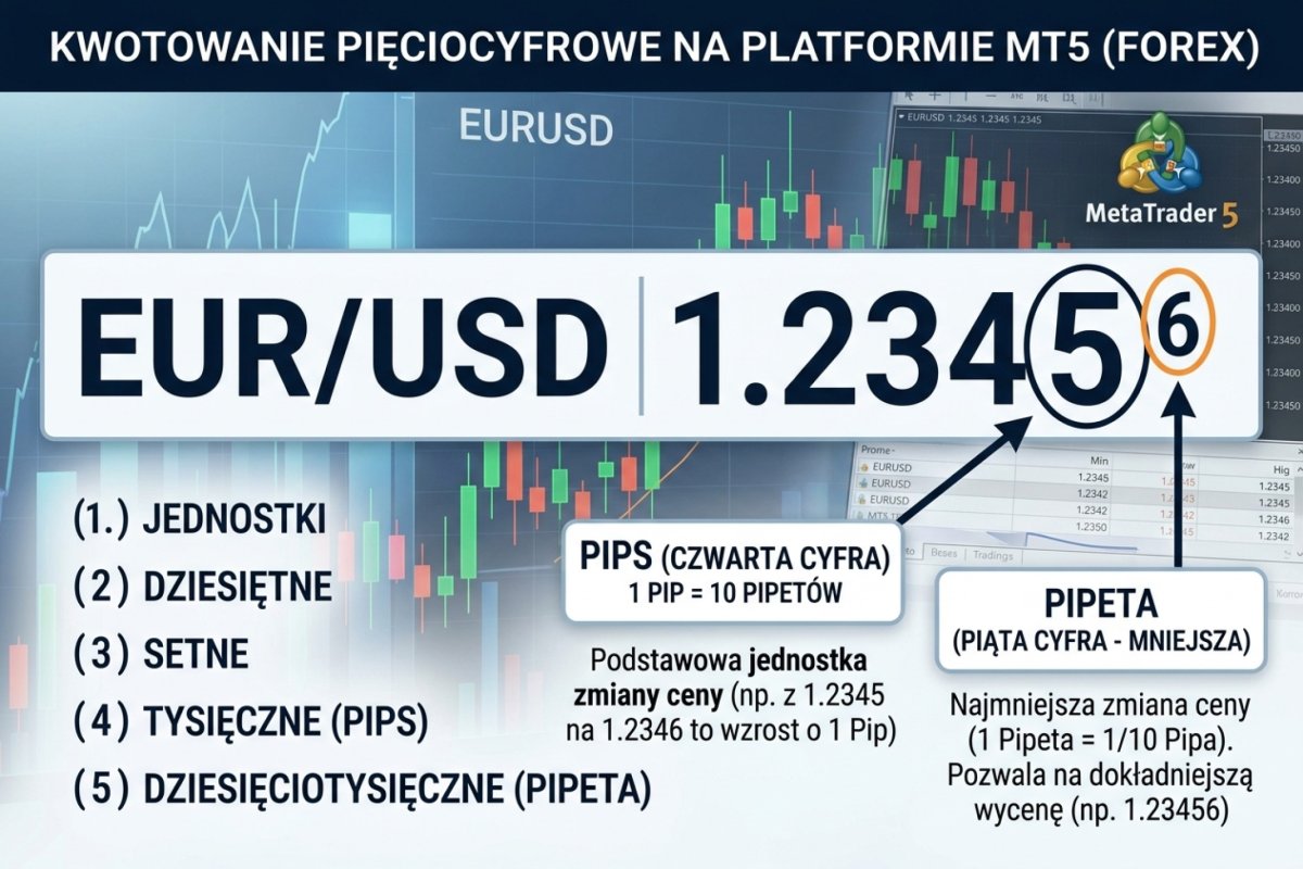 Kwotowanie pięciocyfrowe na MT5 — zaznaczony pip (czwarta cyfra) i pipeta (piąta cyfra, mniejszą czcionką)