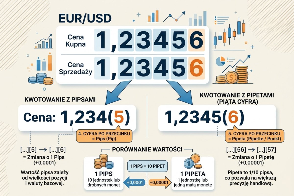 Kwotowanie EUR/USD z zaznaczoną czwartą cyfrą po przecinku (pip) i piątą cyfrą (pipeta) — różnica między 0,0001 a 0,00001