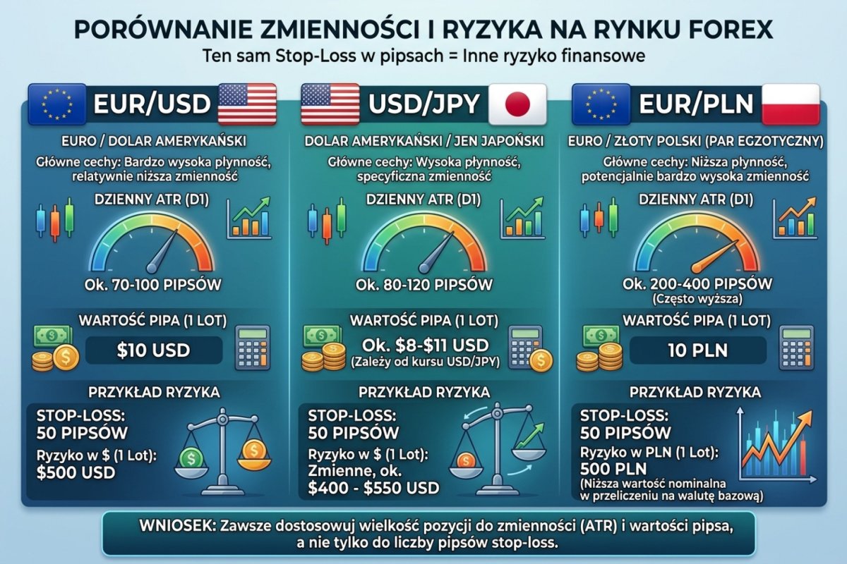Porównanie ATR dziennego i wartości pipa dla głównych par — EUR/USD, USD/JPY, EUR/PLN. Ten sam stop-loss w pipsach to inne ryzyko w pieniądzach na każdej parze