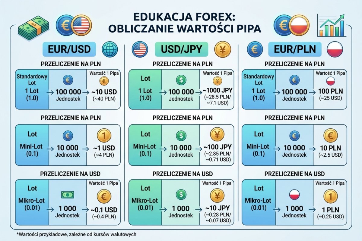 Wartość 1 pipa dla mikro-lota, mini-lota i standardowego lota — EUR/USD, USD/JPY, EUR/PLN z przeliczeniem na PLN i USD