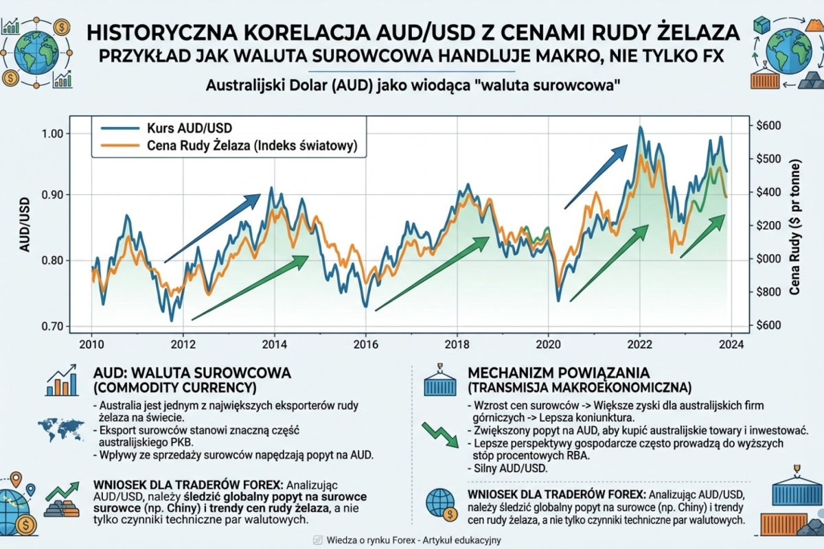 Historyczna korelacja AUD/USD z cenami rudy żelaza — przykład jak waluta surowcowa handluje makro, nie tylko FX