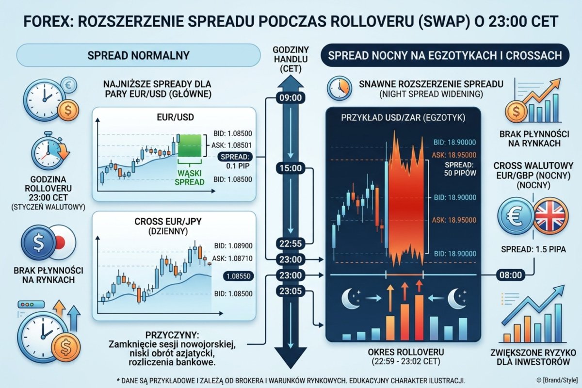 Rozszerzenie spreadu podczas rolloveru 23:00 CET — porównanie normalnego spreadu z nocnym na egzotykach i crossach