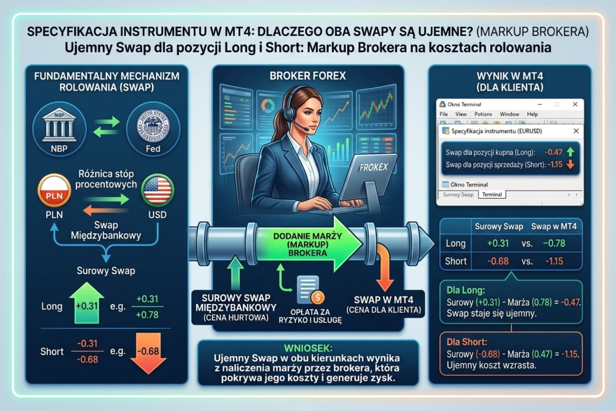 Specyfikacja instrumentu w MT4 — ujemny swap dla pozycji Long i Short jednocześnie, pokazujący markup brokera na kosztach rolowania