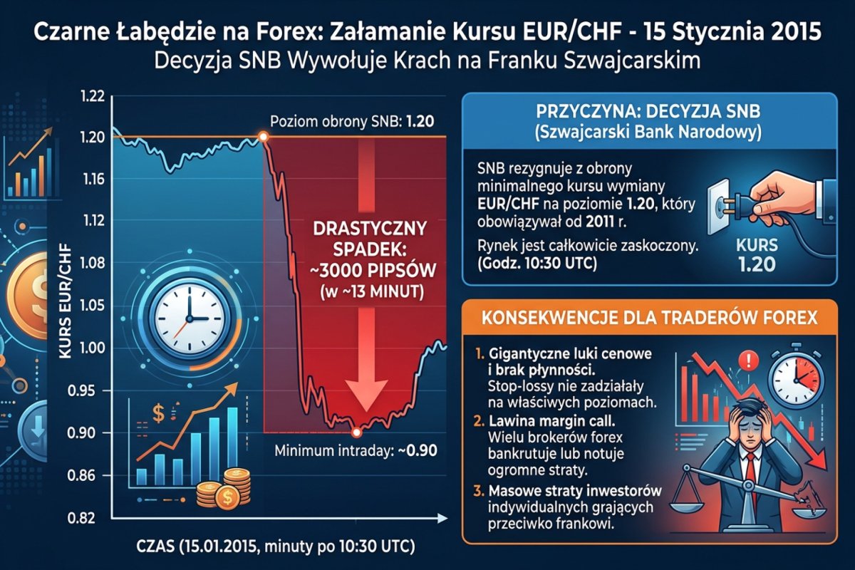 EUR/CHF 15 stycznia 2015 — spadek 3000 pipsów w 13 minut po decyzji SNB