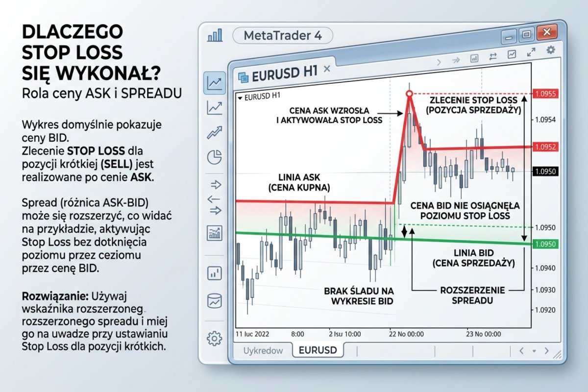 MT4 z włączoną linią Ask — widać, dlaczego stop loss wykonał się mimo braku śladu na wykresie Bid