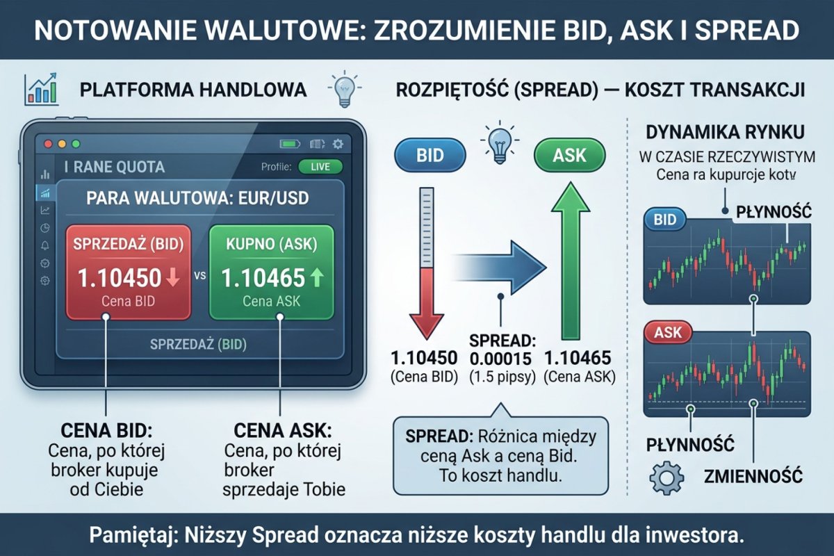 Notowanie walutowe — bid, ask i spread na platformie handlowej