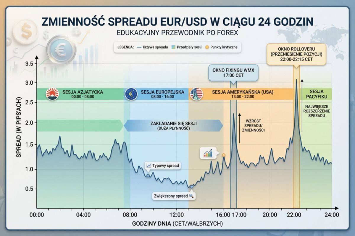 Spread EUR/USD w ciągu 24 godzin — z zaznaczonymi sesjami, oknem fixingu 17:00 CET i oknem rolloveru