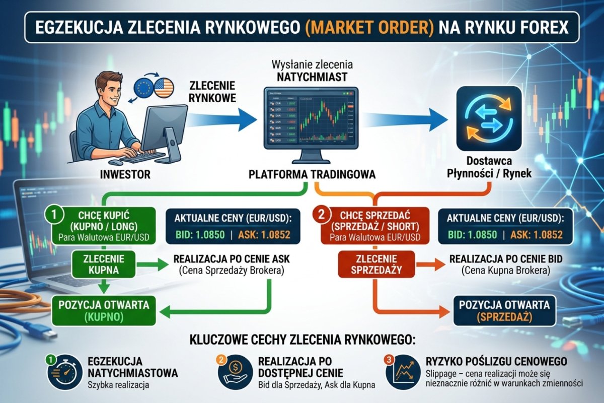 Market order na Forex — egzekucja natychmiastowa po cenie Bid/Ask