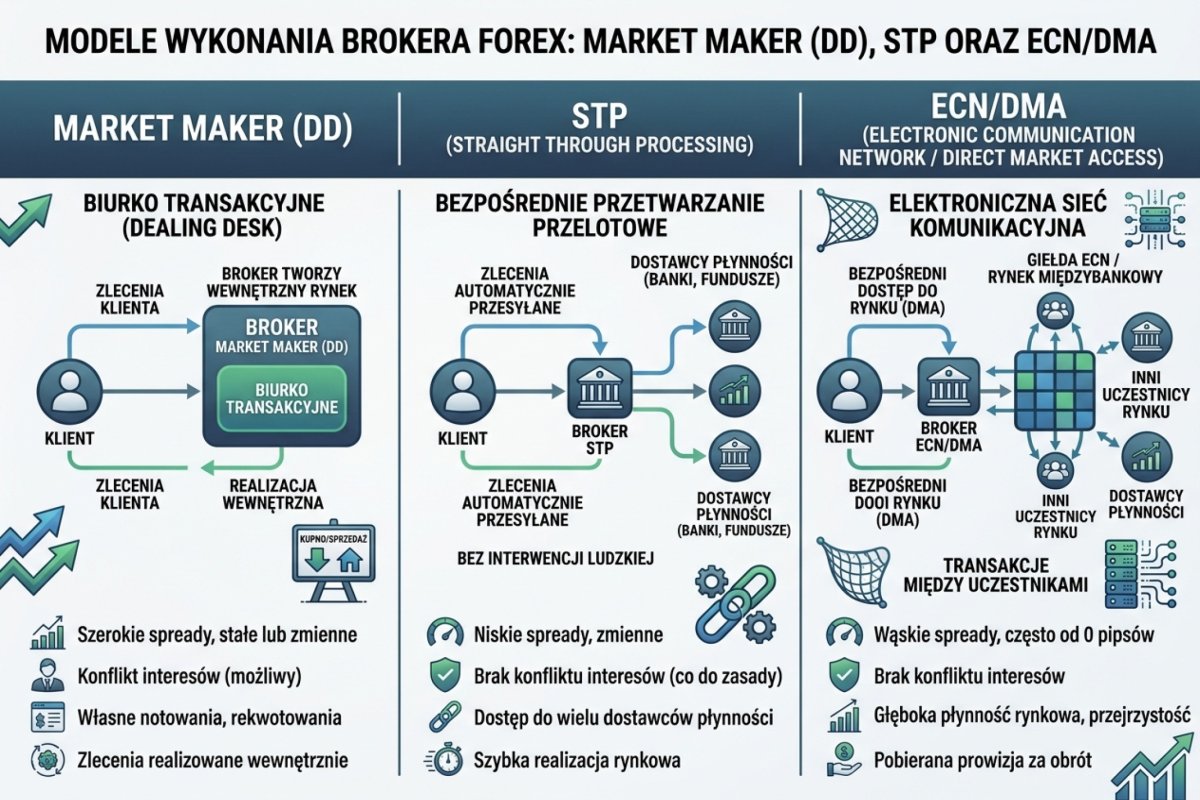 Modele wykonania brokera Forex — Market Maker (DD), STP i ECN/DMA