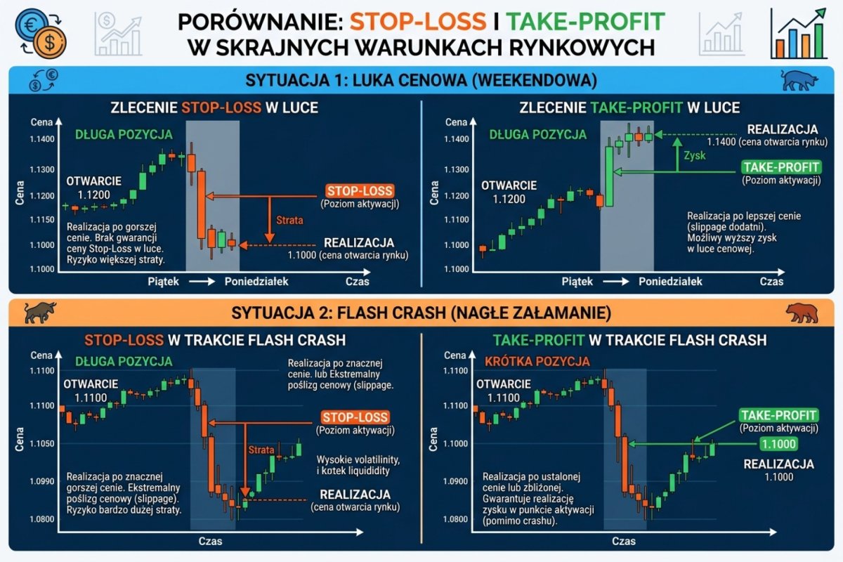 Stop-loss i take-profit — porównanie działania przy luce cenowej i flash crash