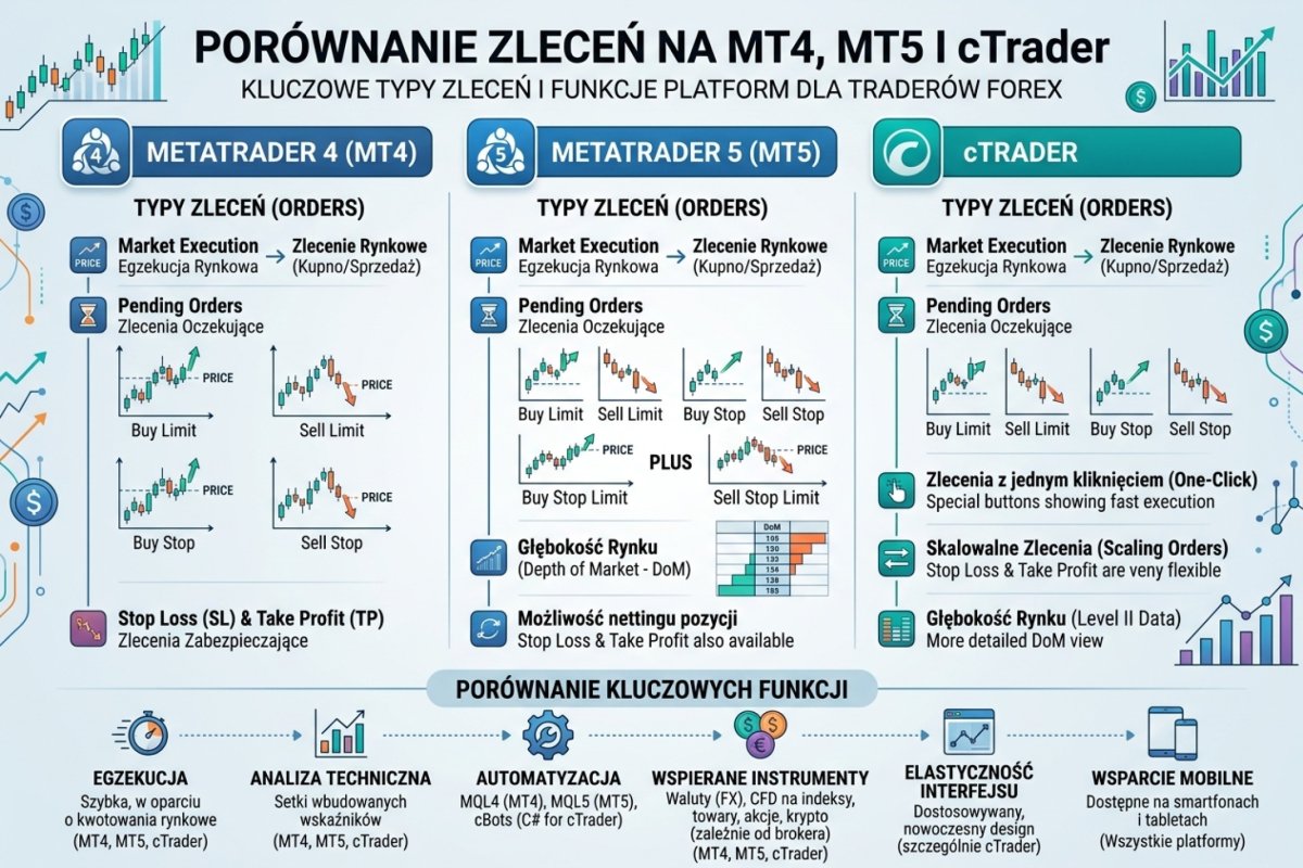 Porównanie zleceń na MT4, MT5 i cTrader — typy zleceń i funkcje platform