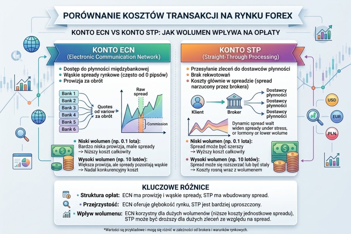 Porównanie kosztu transakcji na koncie ECN i STP w zależności od wolumenu