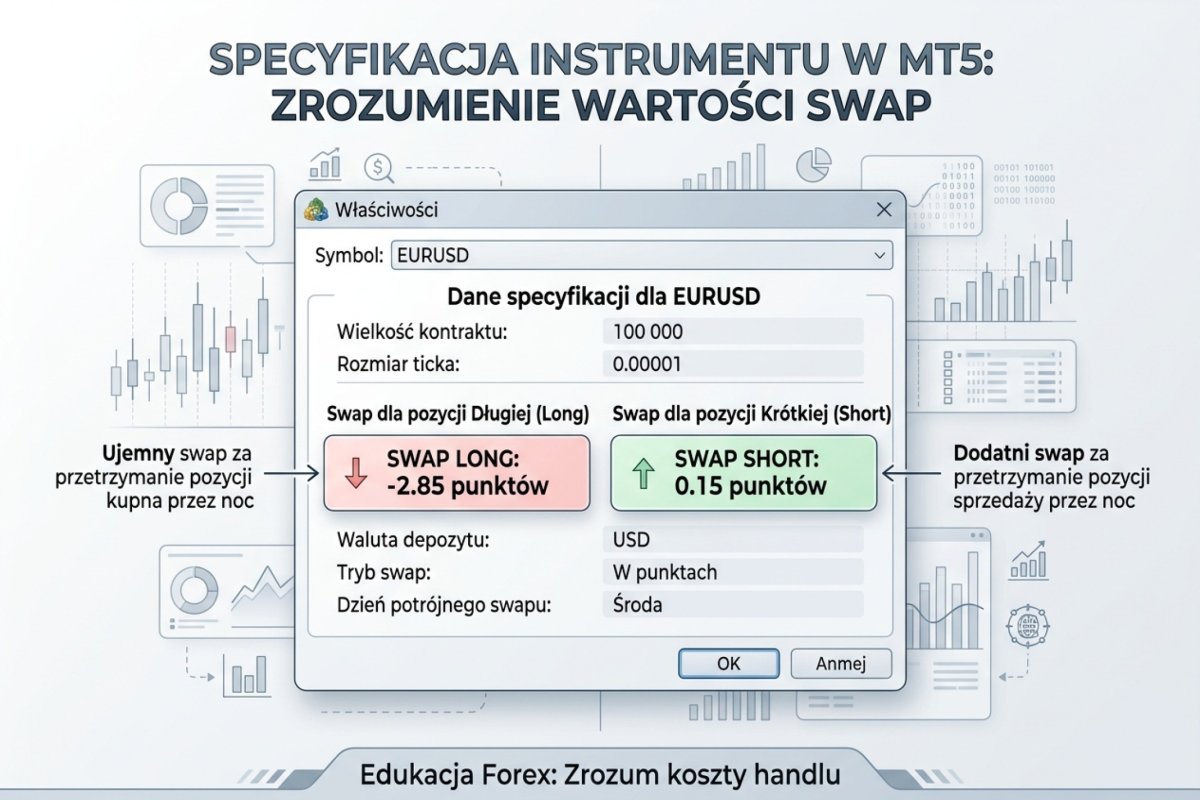 Specyfikacja instrumentu w MT5 — wartości swap long i swap short z polami do odczytania