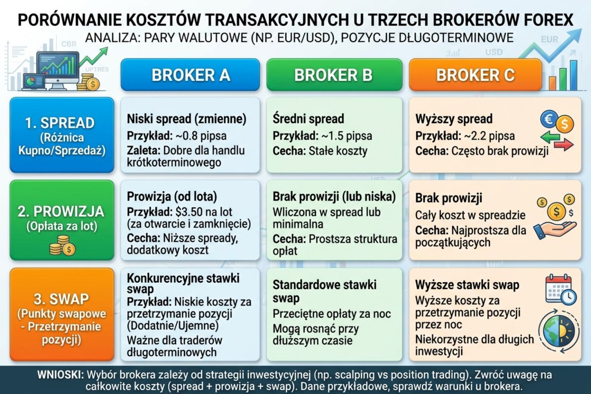 Porównanie kosztów transakcyjnych u trzech brokerów — spread, prowizja i swap