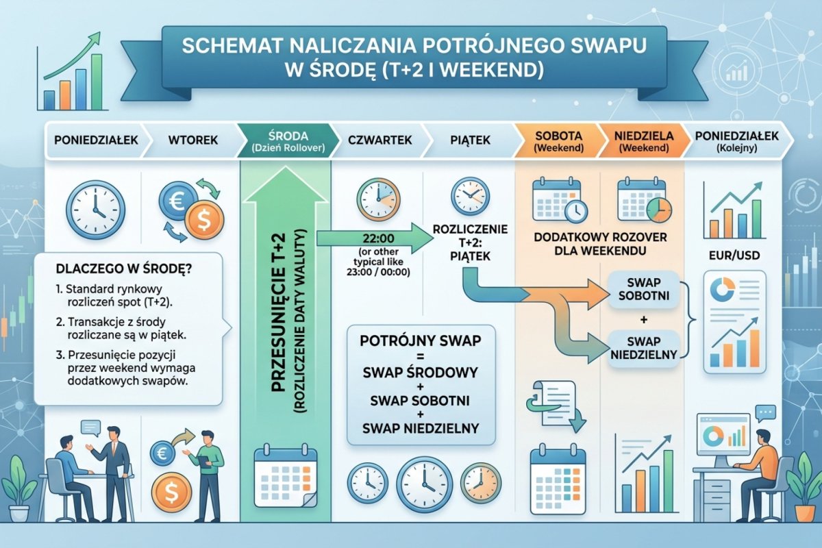 Schemat naliczania potrójnego swapu w środę — rozliczenie T+2 i weekend
