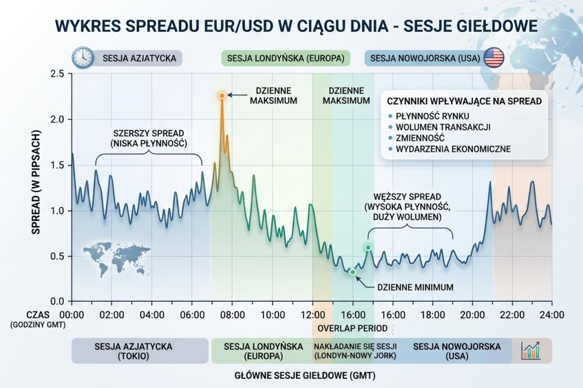 Wykres spreadu EUR/USD w ciągu dnia — sesja azjatycka, londyńska i nowojorska