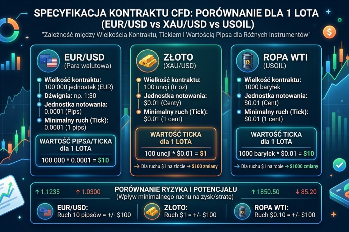 Specyfikacja kontraktu CFD — porównanie 1 lota na EUR/USD, złocie (XAU/USD) i ropie (USOIL) z różnymi wartościami ticka
