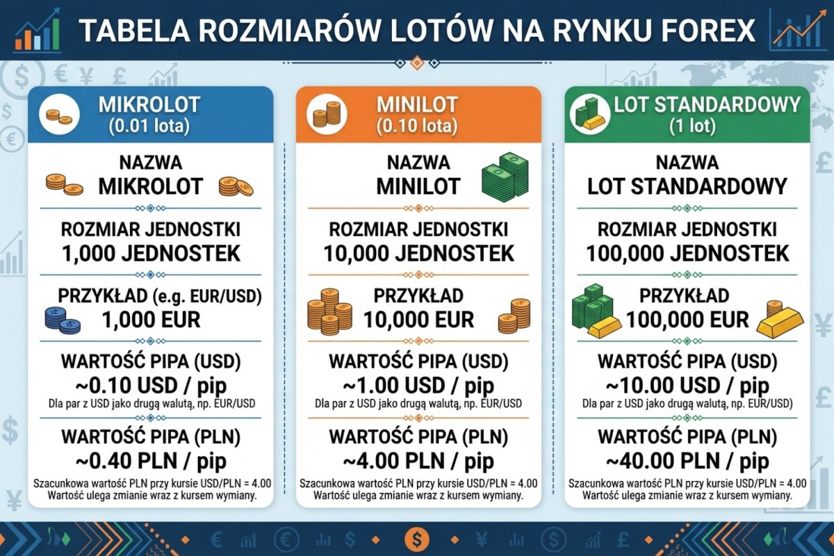 Tabela rozmiarów lotów — mikro-lot, mini-lot i standardowy lot z wartością pipa w USD i PLN