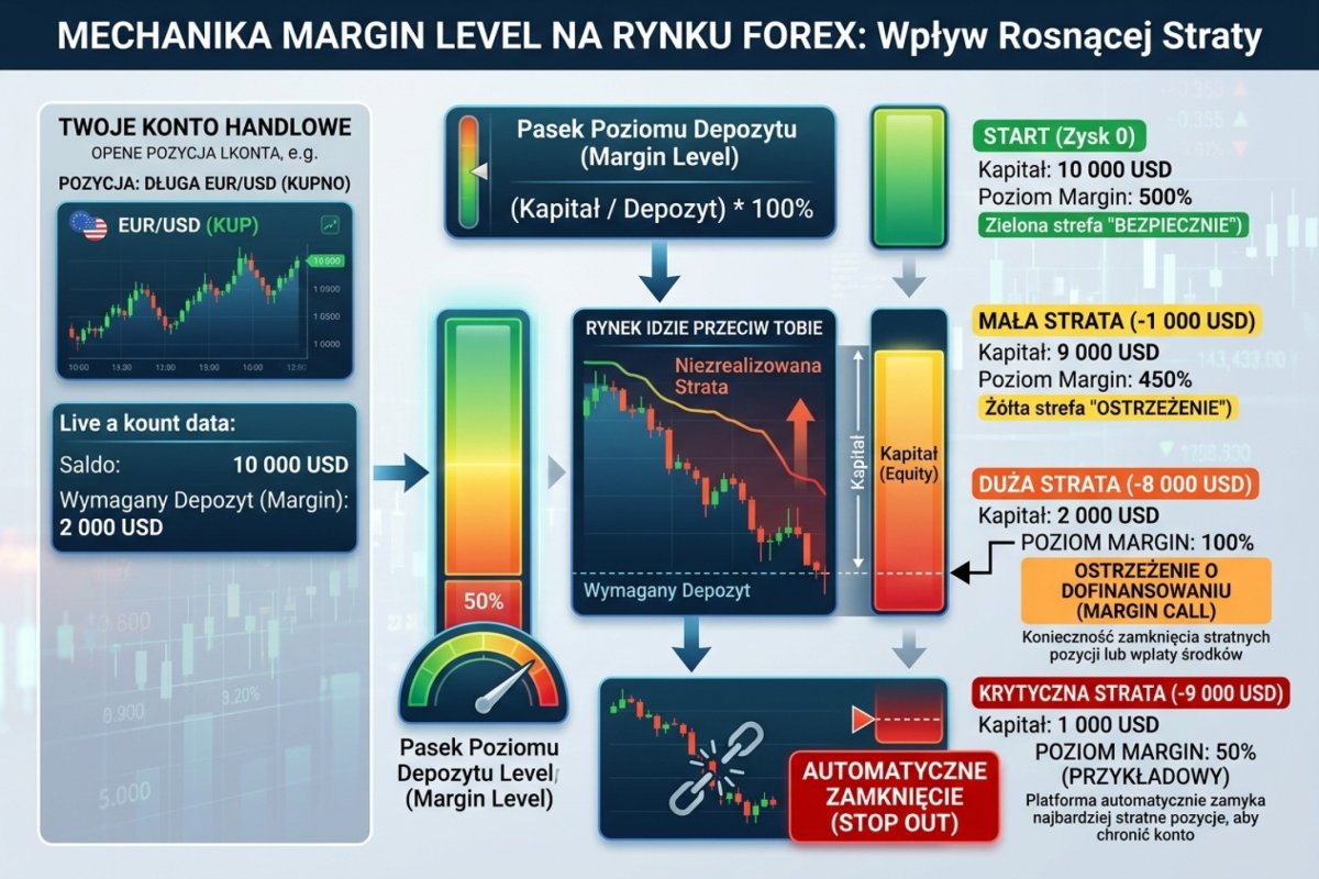 Mechanika margin level — jak spada przy rosnącej stracie, z zaznaczonymi progami margin call i stop out