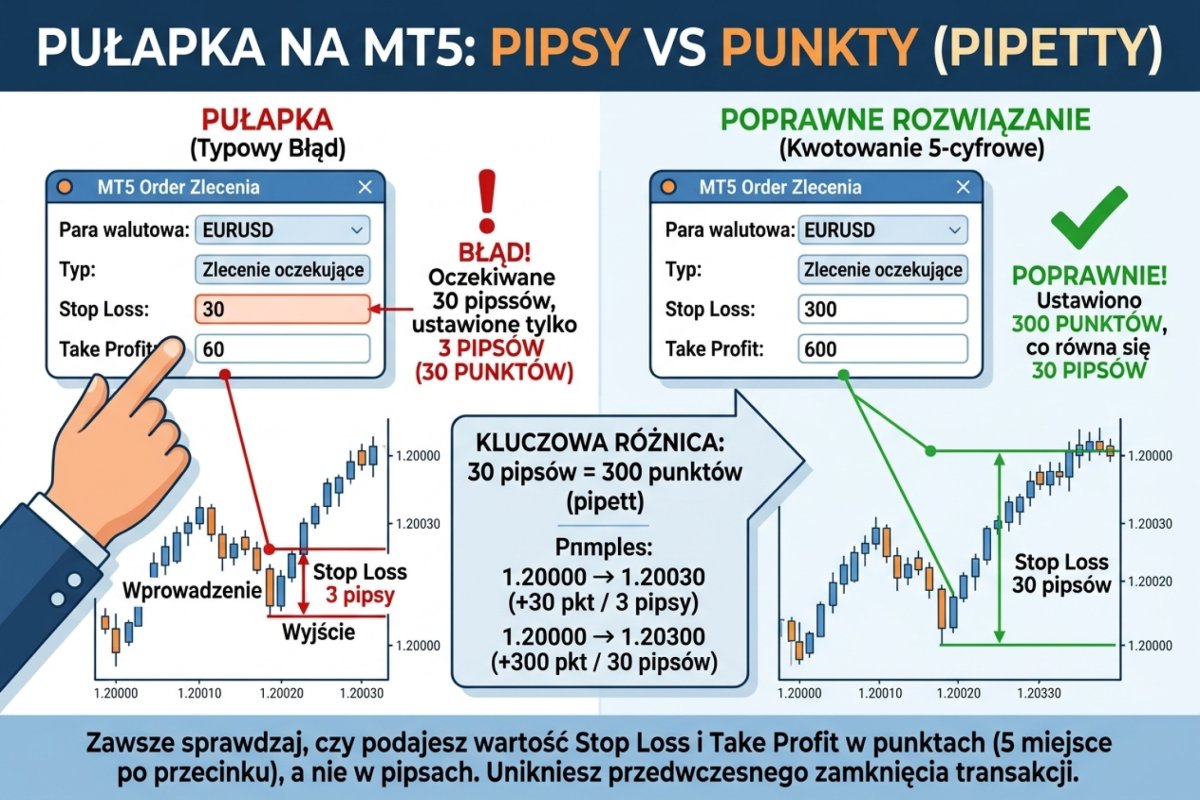 Pułapka pipsy vs punkty na MT5 — pole Stop Loss w punktach (pipetach), nie w pipsach. 30 pipsów = 300 punktów na pięciocyfrowym kwotowaniu