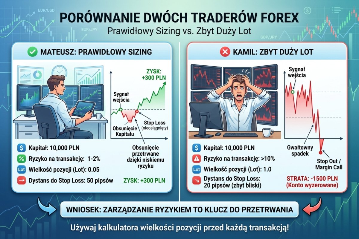Porównanie dwóch traderów — Mateusz z prawidłowym sizingiem przetrwał obsunięcie, Kamil z za dużym lotem dostał stop out