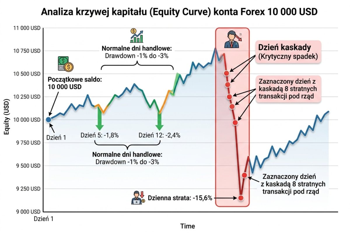 Equity curve konta 10 000 USD — zaznaczony dzień kaskady z 8 transakcjami i -15,6% drawdownem vs normalne dni z -1% do -3%