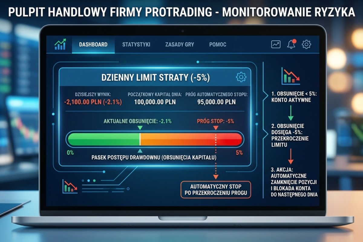 Dashboard firmy prop — Daily Loss Limit -5%, progress bar drawdownu, automatyczny stop po przekroczeniu progu