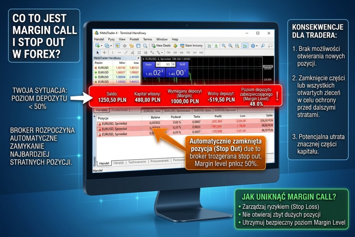 Margin Call na terminalu MT4 — czerwony pasek z Margin Level poniżej 50% i automatyczne zamknięcie pozycji przez brokera