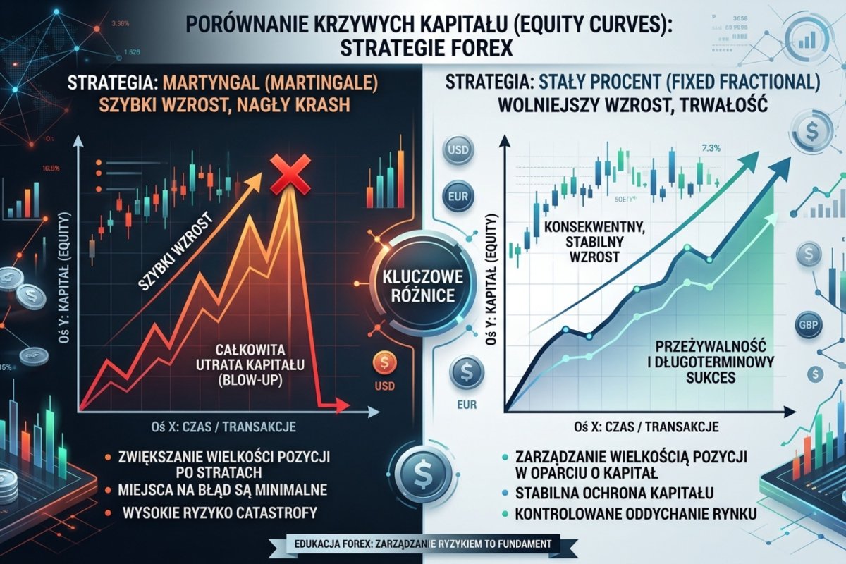 Porównanie equity curves: martingale (szybki wzrost, potem nagły blow-up) vs fixed fractional (wolniejszy wzrost, przeżywalność)