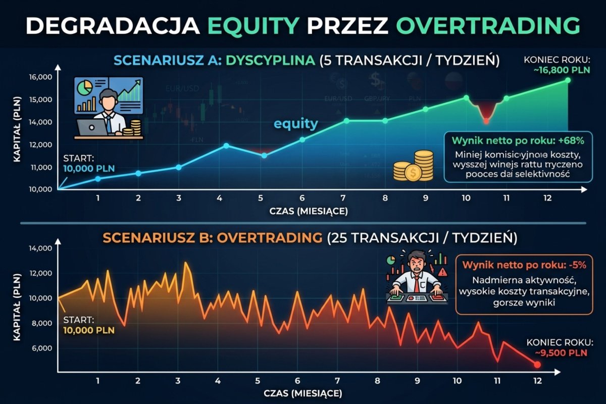 Degradacja equity przez overtrading — ta sama strategia z 5 vs 25 transakcjami tygodniowo, różnica po roku widoczna gołym okiem