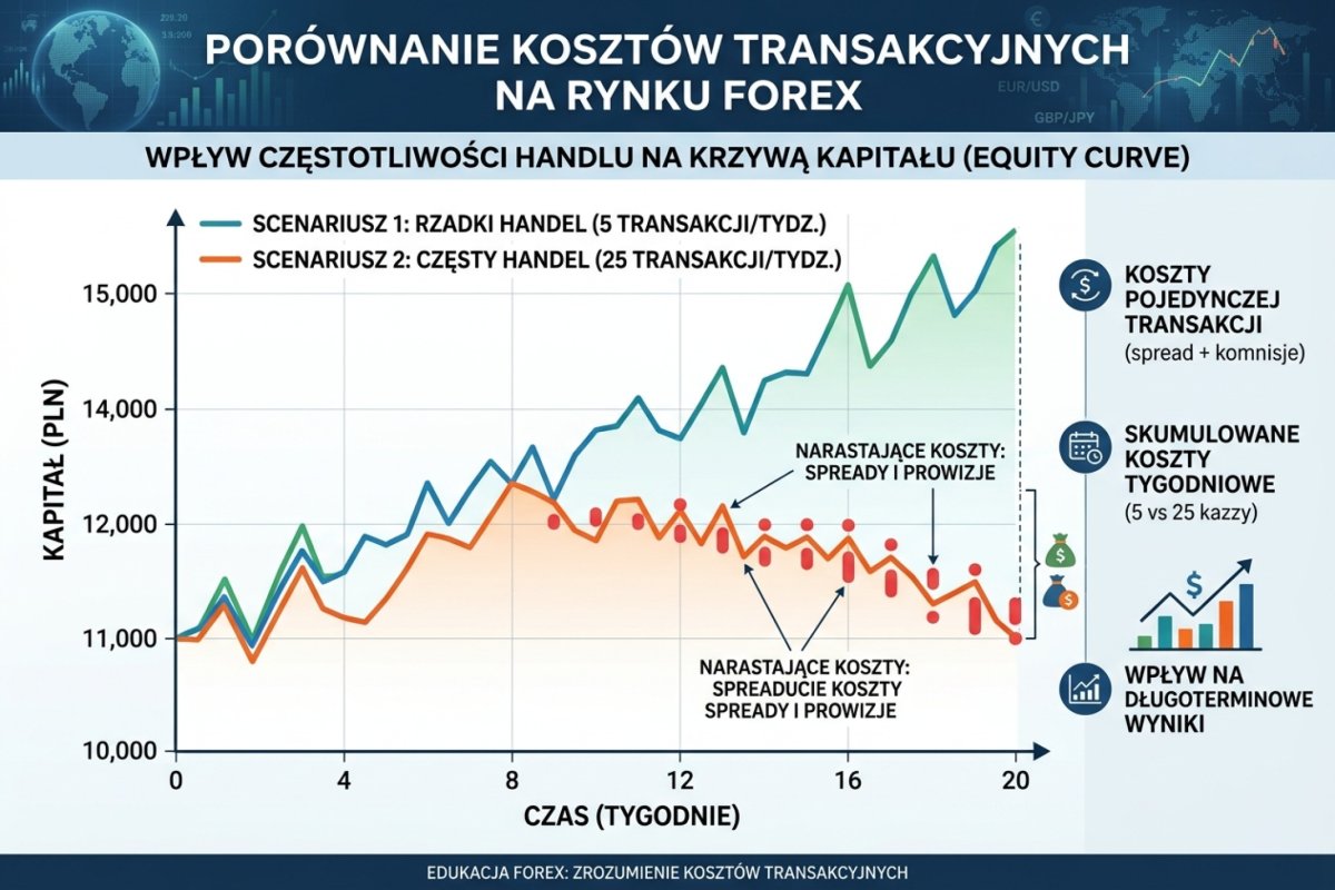 Porównanie kosztów transakcyjnych: 5 vs 25 transakcji tygodniowo — equity curve z narastającymi kosztami spreadów i prowizji