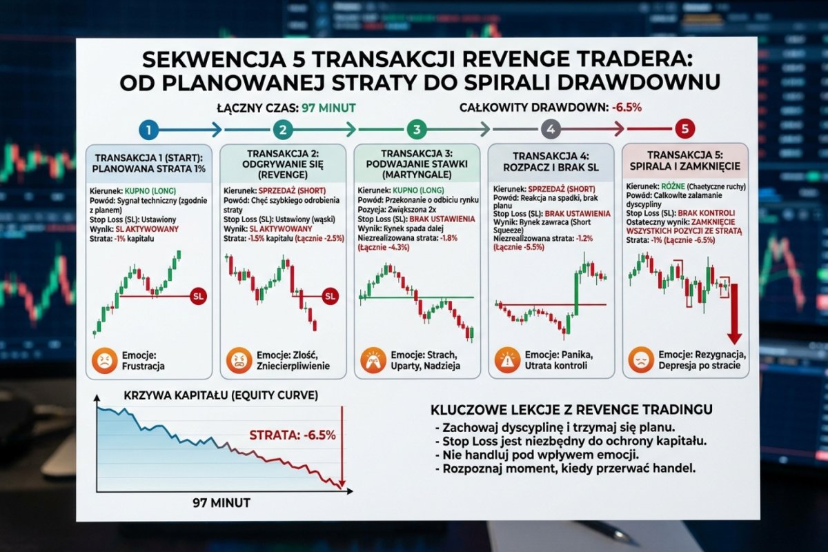 Sekwencja 5 transakcji revenge tradera — od planowanej straty 1% do spirali bez SL i 6,5% drawdownu w 97 minut