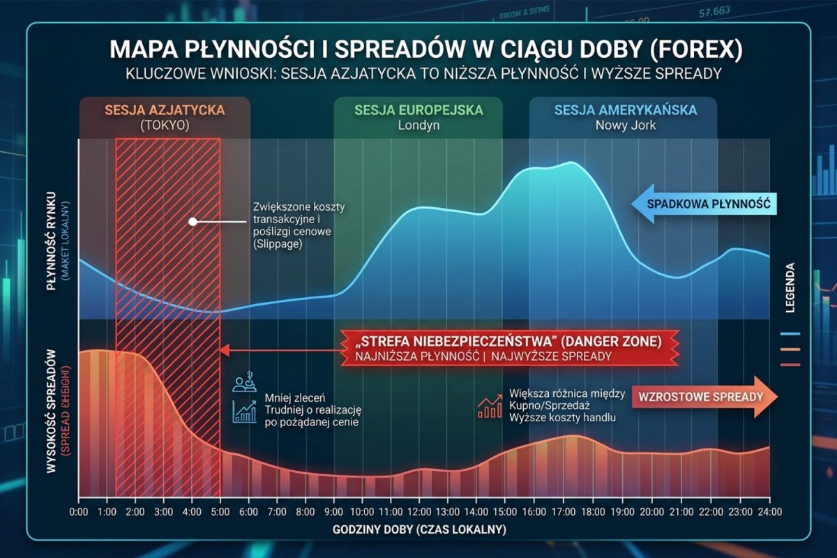 Mapa płynności i spreadów w ciągu doby — sesja azjatycka z najwyższymi spreadami i najniższą płynnością, zaznaczony „danger zone" 22:00-4:00