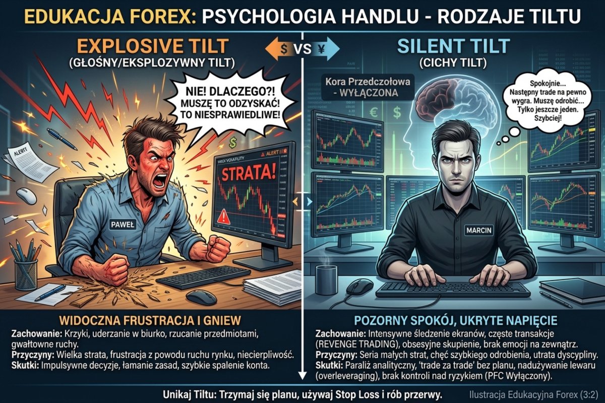 Porównanie explosive tilt (widoczna frustracja, krzyczenie, walenie w biurko) vs silent tilt (pozorny spokój, ale PFC wyłączony, trade za trade'em bez planu)