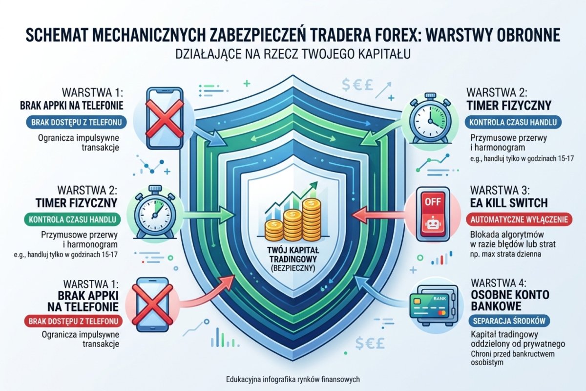 Schemat mechanicznych zabezpieczeń: EA kill switch, timer fizyczny, brak appki na telefonie, osobne konto bankowe — warstwy obronne tradera