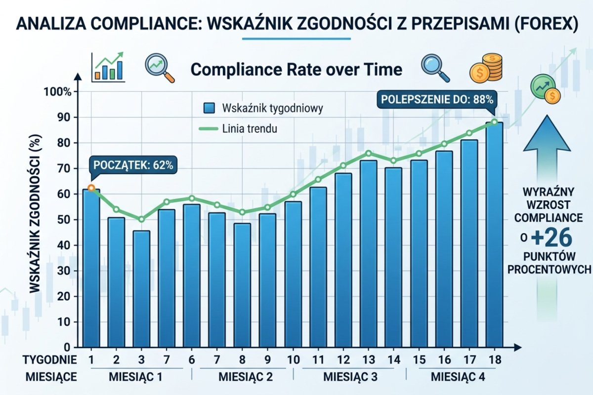 Wykres compliance rate w czasie — tygodniowe słupki z linią trendu, widoczna poprawa z 62% do 88% w ciągu 4 miesięcy