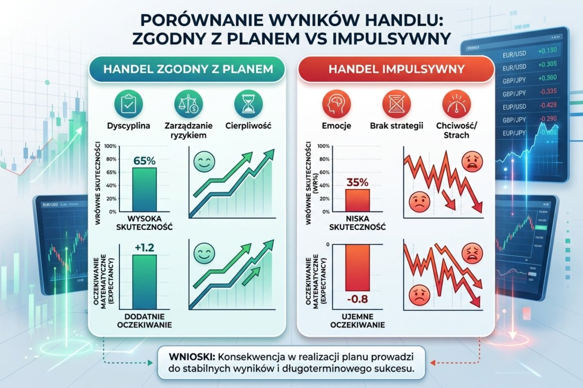 Porównanie wyników transakcji zgodnych z planem vs impulsywnych — dwa słupki WR% i expectancy obok siebie