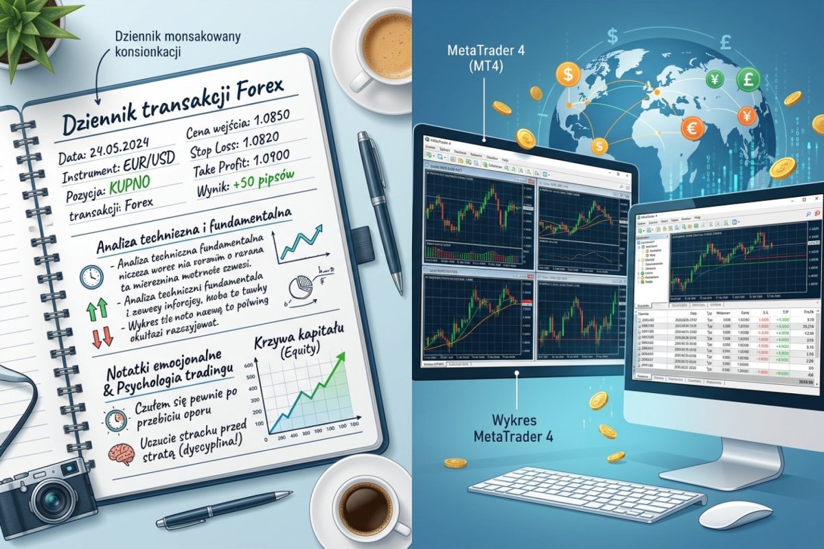 Dziennik transakcji Forex — otwarty trading journal z wpisami, wykresami equity i notatkami emocjonalnymi obok terminala MT4