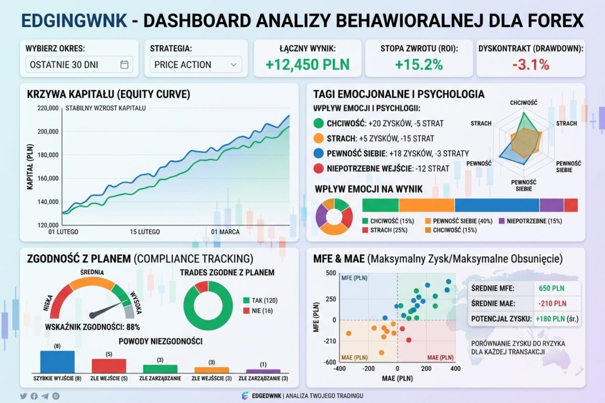 Dashboard Edgewonk z analizą behawioralną — tagi emocjonalne, MFE/MAE, compliance tracking i equity curve