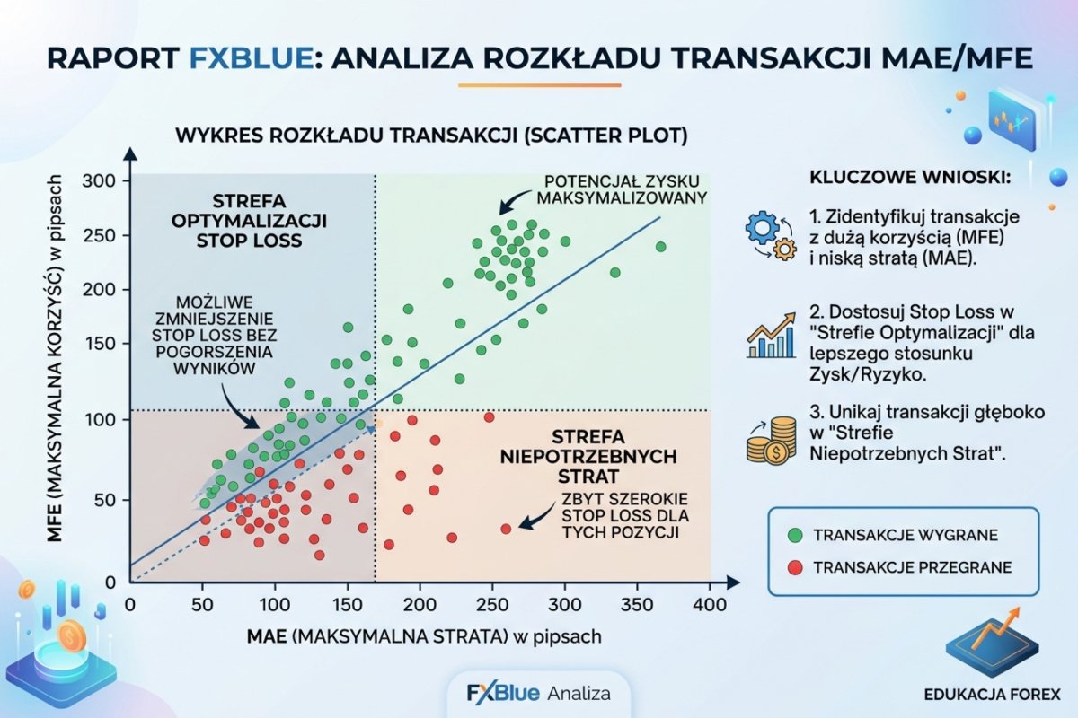 Raport FXBlue z analizą MAE/MFE — rozkład transakcji wygranych i przegranych na wykresie scatter, widoczne strefy optymalizacji stop loss