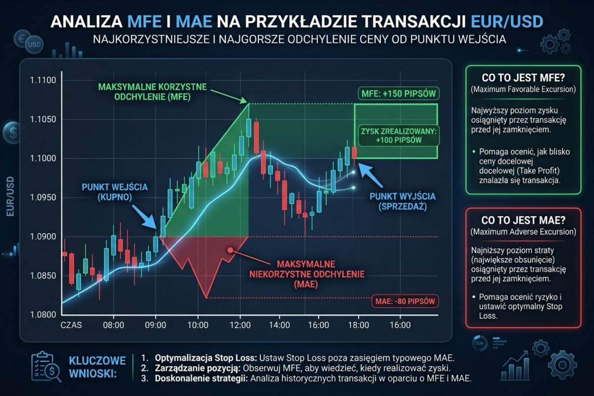 Wykres MFE i MAE na przykładzie transakcji EUR/USD — najkorzystniejsze i najgorsze odchylenie ceny od punktu wejścia
