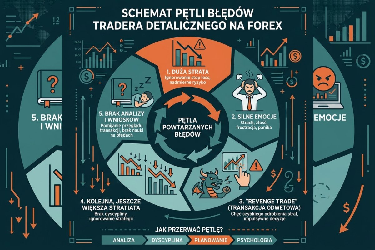 Trader detaliczny powtarzający te same błędy — schemat pętli: strata, emocja, revenge trade, kolejna strata, brak analizy