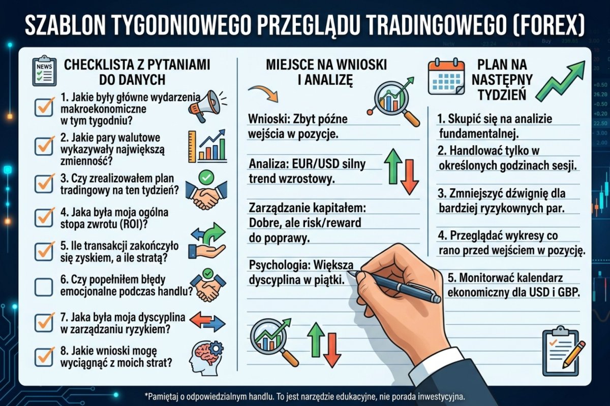 Szablon tygodniowego przeglądu tradingowego — checklist z pytaniami do danych, miejsce na wnioski i plan na następny tydzień