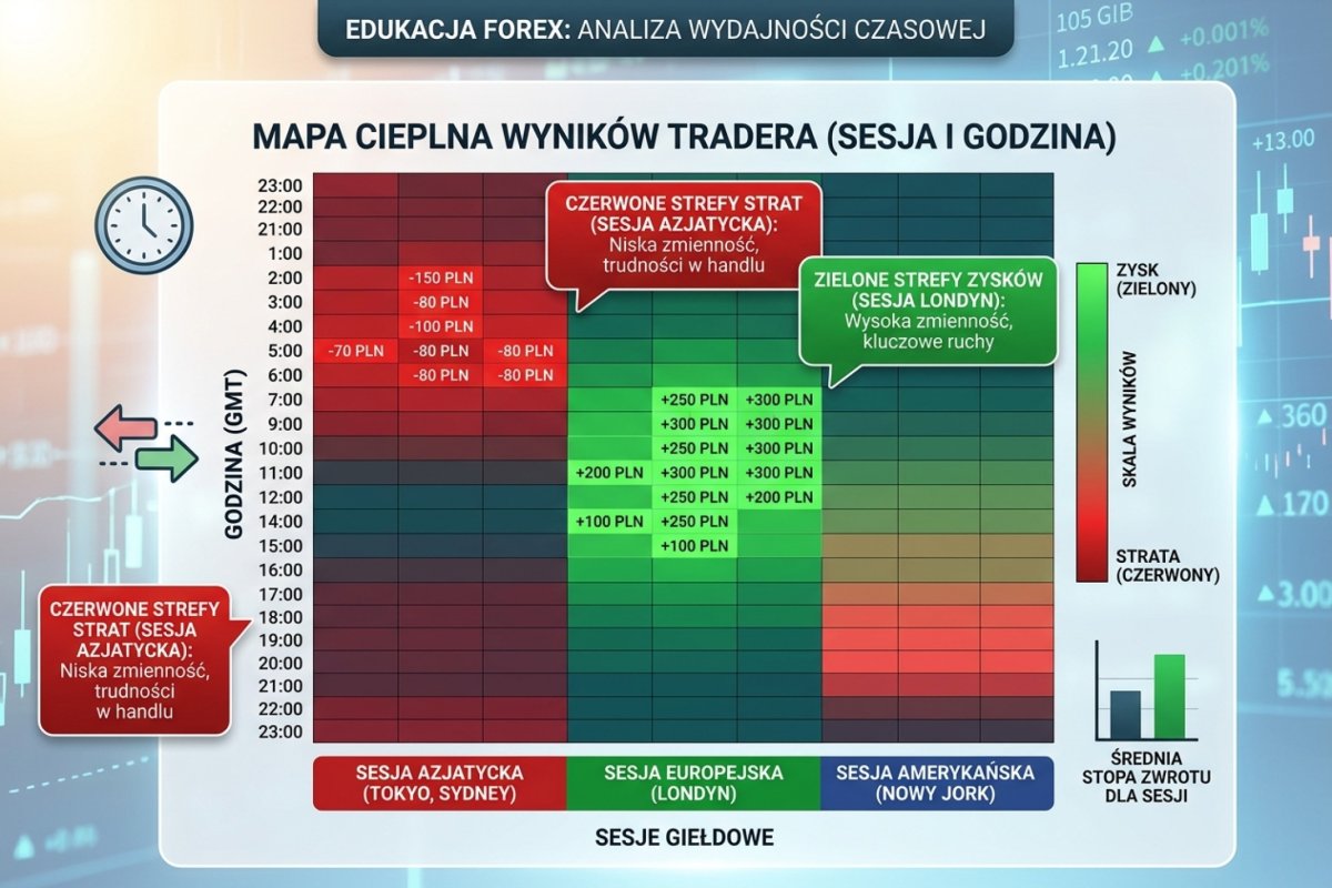 Mapa cieplna wyników tradera per sesja i godzina — czerwone strefy strat na sesji azjatyckiej, zielone zyski na Londynie